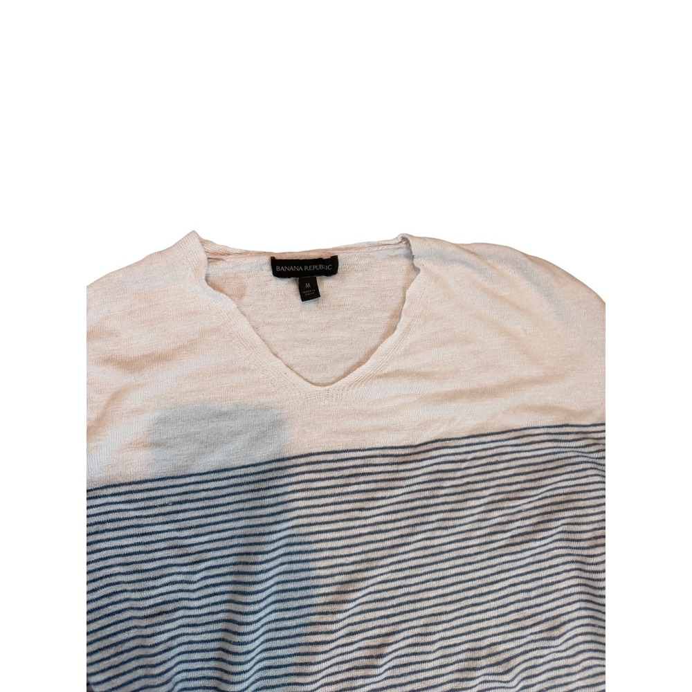 Banana Republic Womens Medium Cream Navy Blue Striped V-Neck Boxy Knit Sweater